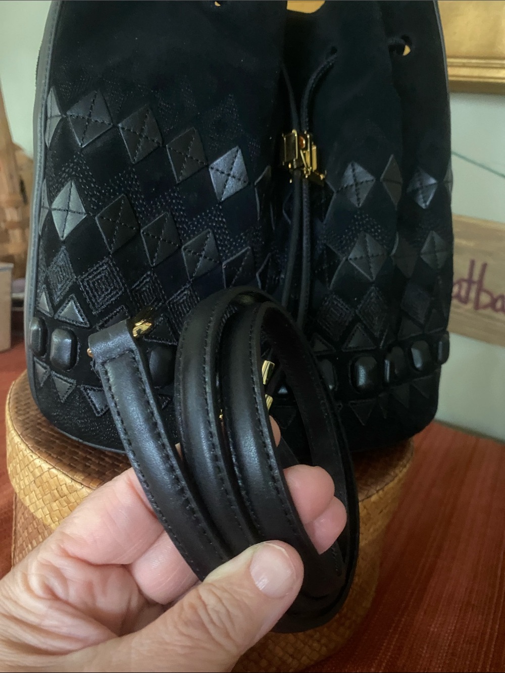 Lauren Ralph Lauren Fair Isle Black Suede Andie Drawstring Bucket Bag - Picture 12 of 16
